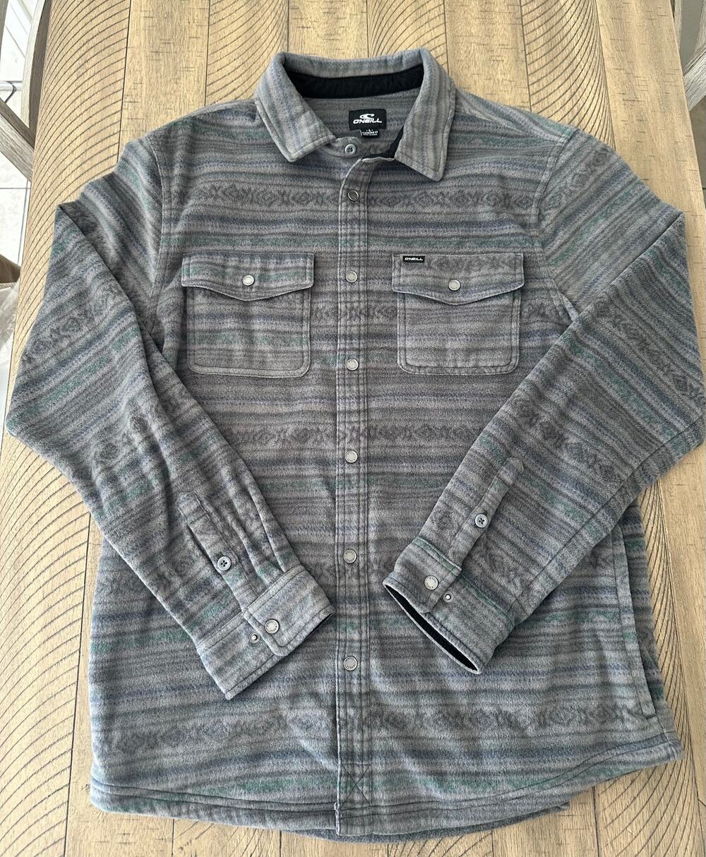 O'Neill Mens Fleece Shacket Gray Aztec Stripe Button Up LS Shirt Jacket L